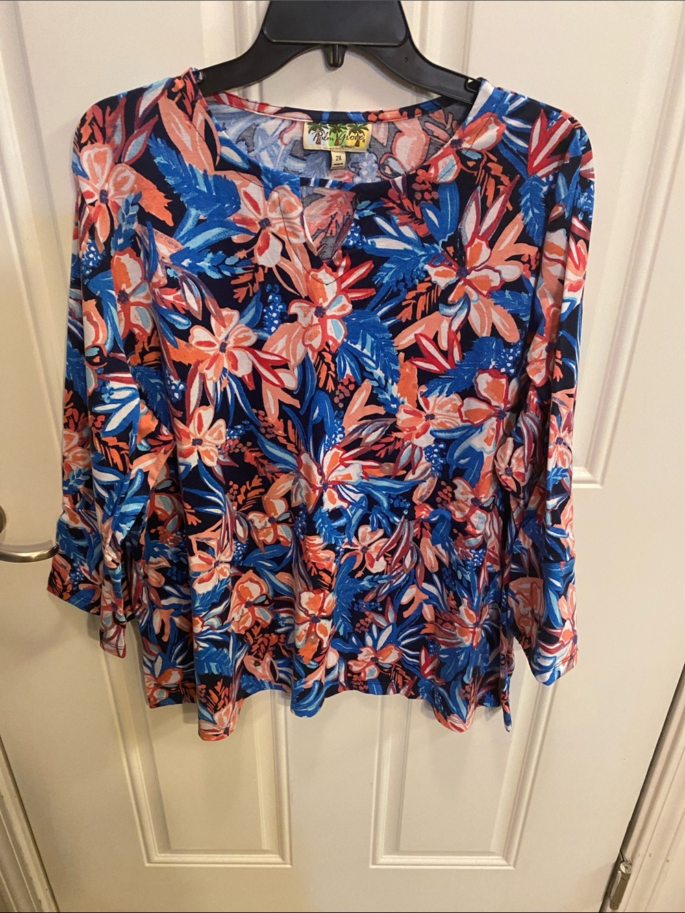 Floral key hole neck Tunic in Blue & Coral